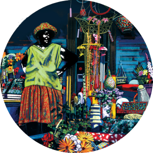 Colorful artwork of a figure amid market goods and flowers