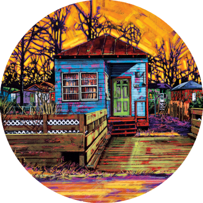 Vibrant painting of blue house with green door